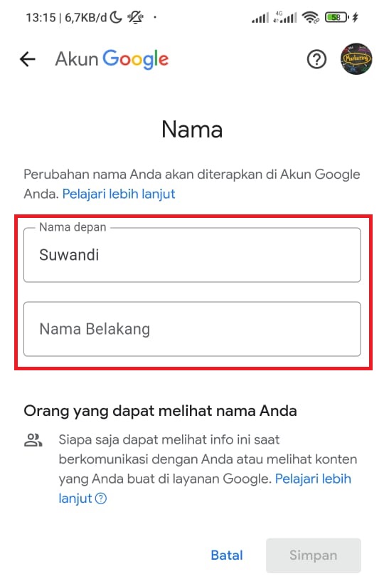 cara mengganti nama google